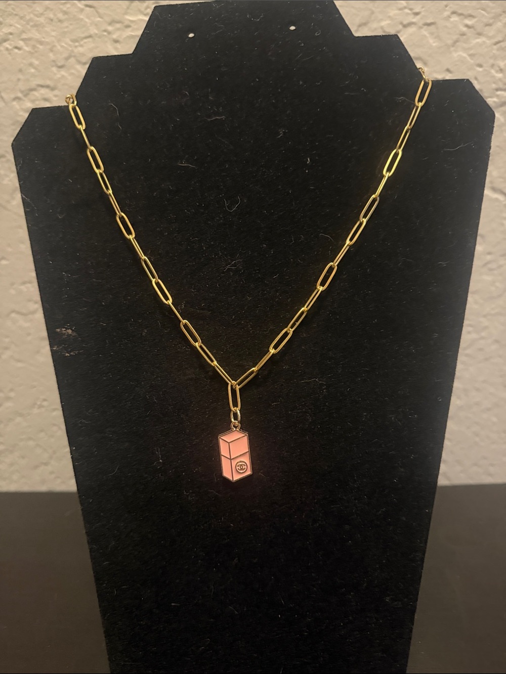 Inspired Gold-Tone Paperclip Necklace with Pink Enamel Nail Polish Pendant